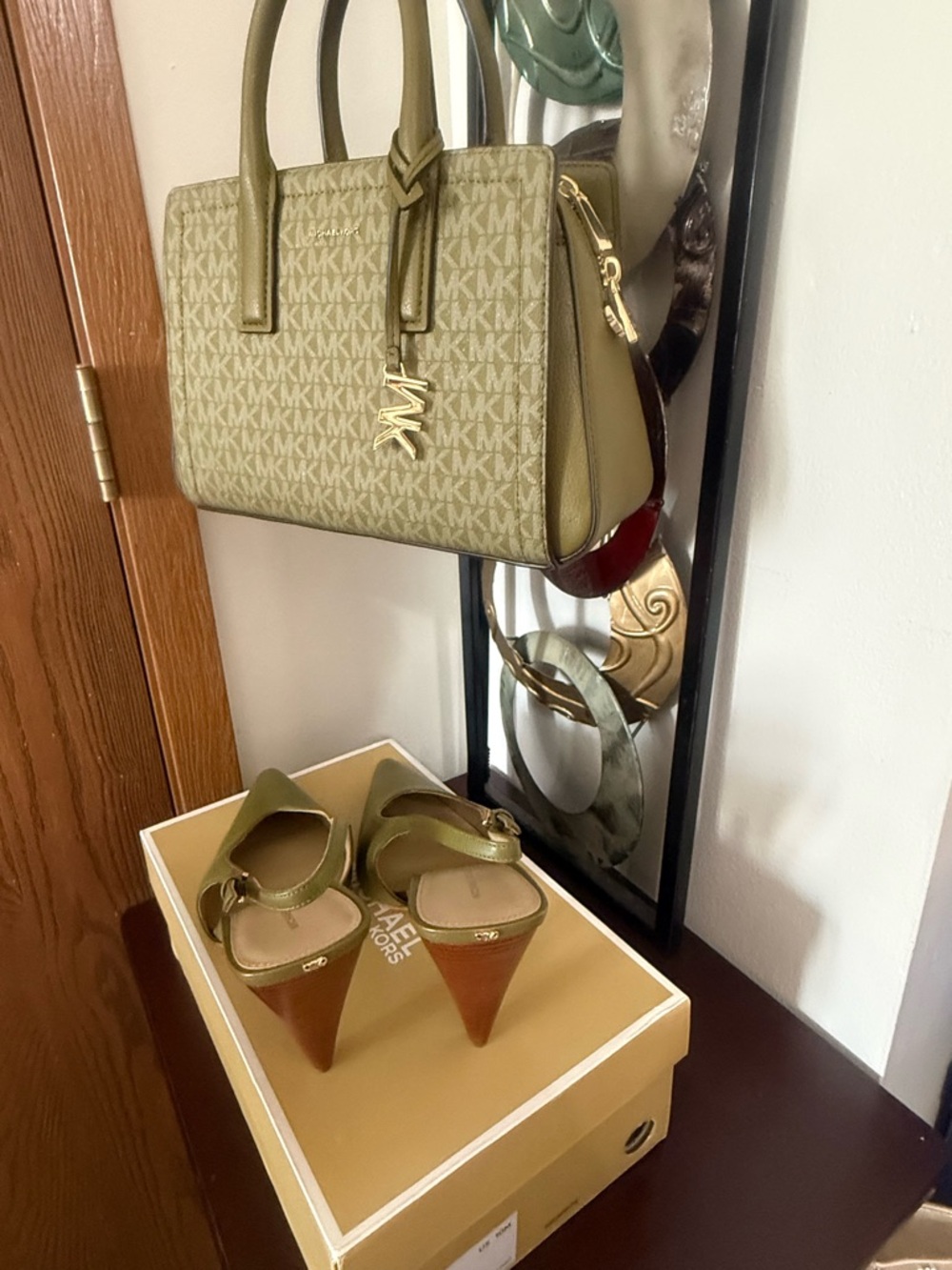 MICHAEL KORS PistachioGreen Pointed-Toe Slingback Heels with Wood-Tone Cone Heel - Picture 6 of 8